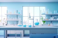 a laboratory with blue walls and white counters