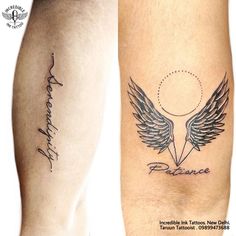 two tattoos on the legs of people with wings and words that say, love is in balance