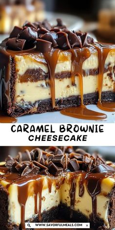 two different views of caramel brownie cheesecake