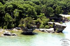 an island in the middle of some water surrounded by trees