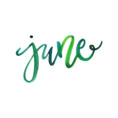 the word june written in green ink on a white background with an orange and black dot