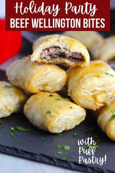 some meat wellington bites are stacked on top of each other with the words, holiday party beef wellington bites