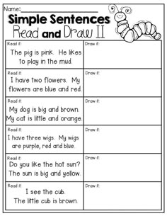 the simple sentence worksheet for kids to learn how to read and draw it