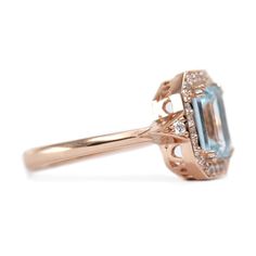 The rose gold Katerina ring is our show-stopping piece and has a large 1.3 ct aquamarine stone in the center. Adorning the stone are 28 sparkling diamonds creating a halo effect around the stone. It’s a ring inspired by royalty and it's absolutely glamorous. **Due to the nature of the natural Aquamarine the color of the center stone may vary** Material: 14K or 18K GoldGemstone: Aquamarine, DiamondsMeasurement: Aqua 8 6mm, 26 diamonds 1.2mm each, 2 diamonds 1.6mm eachAverage total weight: Aqua 1.3CT, Diamond 0.3CTAverage total clarity + colors : VS-F All features can be customized! please contact us if you wish to make changes, we love making custom designs. All of our jewelry is carefully handmade in our atelier *HC diamond are all conflict free diamonds To order by phone click here>> +972 Rose Gold Blue Topaz Ring With Accent Stones, Formal Rose Gold Ring With Blue Topaz, Formal Rose Gold Blue Topaz Ring, Aquamarine Octagon Wedding Ring, Octagon Aquamarine Wedding Ring, Halo Effect, Letter Bracelet, Aquamarine Stone, Natural Aquamarine