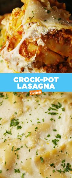 the crock - pot lasagna is topped with cheese and parsley