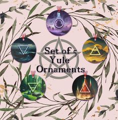 the set of yule ornaments is surrounded by green leaves and purple hues on a pink background