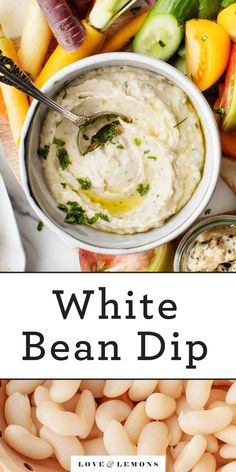 white bean dip in a bowl surrounded by vegetables and other foods on a plate with the title above it