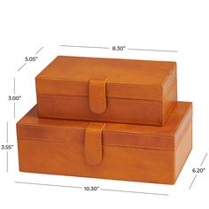 two brown leather suitcases sitting side by side on top of each other with measurements