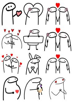 an image of cartoon characters with hearts on their chests and hands in different positions, all drawn by hand