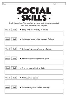 the social skills worksheet is shown in black and white, with red writing on it