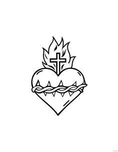 a heart with a cross on it and flames coming out of the middle of it