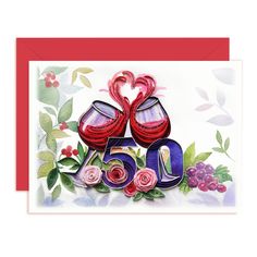 a greeting card with two wine glasses and roses on it, the number sixty five