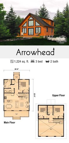 the floor plan for a small cabin with lofts and living areas, including an upstairs bedroom