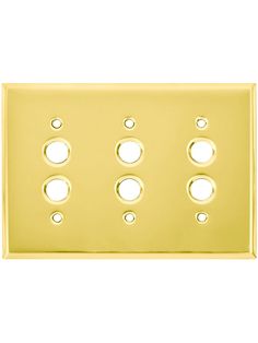 the four gang light switch plate is shown in polished brass steel and features six round holes