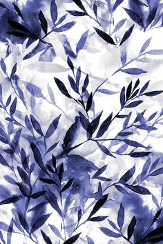 blue and white watercolor painting of leaves on a white background with black outlines