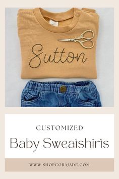 Here you will find hand stitched baby crewnecks that are perfect for the following: -baby aesthetic photos -baby name coming home outfit -baby photography -monthly milestone pictures -baby fashion -birth announcement photography ideas -going home outfit -personalized outfits -customized outfits -hand stitched -family photos -family photo baby outfits -baby gift Cora Jade, Milestone Pictures, Newborn Gown, Aesthetic Photos, Custom Shorts, Baby Outfits