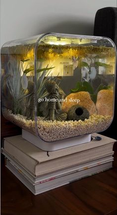 a fish tank sitting on top of some books