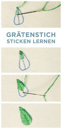 the instructions for how to make an embroidered flower with green thread and blue stitching