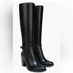 Nib Naturalizer Kalina Black Leather Knee High Wide Shaft Boots In Size 7w New In Original Box This Chic, Tall Boot On A Stacked Heel Transitions From Day To Night Seamlessly With Anatomically Sculpted Cushioning That Keeps You Comfy. Tall Leather Boot With A Wider Shaft Area For A Roomier, More Comfortable Fit. Buckle Accent At Ankle. Interior Side Zip Closure. Man-Made Lining And Insole. Block Heel. Imported. Wide Calf Measurements: Heel Height: 3 ¼ In Weight: 1 Lb 3 Oz Circumference: 16.5 In Wide Shaft Boots, Ridding Boots, Wide Calf Knee High Boots, Outfit Botas, Black Boots Tall, Tall Leather Boots, Collage Background, Tall Boot, Boots High