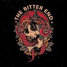 the bitter end logo with a snake and roses on it's head, surrounded by leaves