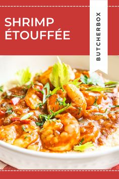 shrimp etouffee in a white bowl on a red and white checkered tablecloth