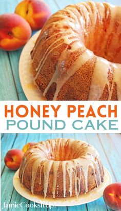 a close up of a bundt cake on a plate with peaches in the background