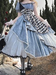 This price includes a dress and a another free detachable puff sleeves.  Asymmetrical sleeves design, with chess pattern four layers skirt, classic alice blue Alice in Wonderland vibes princess dress.   	 		 			Size 			S 			M 			L 			XL 		 		 			Bust 			80-90 			84-94 			88-98 			92-102 		 		 			Waist 			60-70 			64-84 			68-78 			72-82 		 		 			Sleeve Length 			27 			27.5 			28 			28.5 		 		 			Full Length 			115 			116 			117 			118 Fairytale Dress, Checkerboard Pattern, Fantasy Dress, Really Cute Outfits, Fantasy Clothing, Gothic Lolita