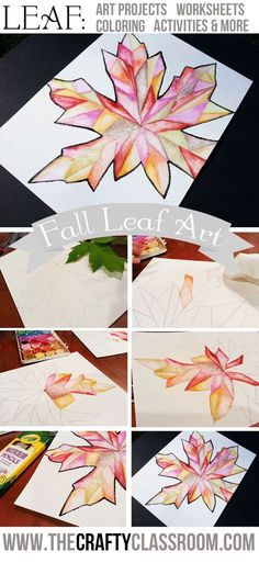 an art project with paper and leaves on it