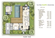 the floor plan for two bedroom villa with swimming pool and garden area in front of it