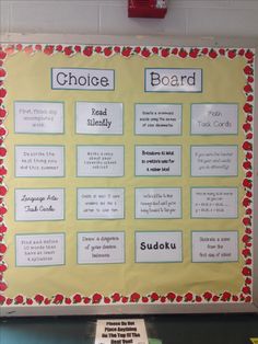 a bulletin board with words and pictures on it in front of a whiteboard that says, choice board