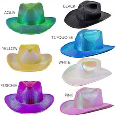 "Cowboy hat for many occasions with metallic irridiscent shine in a variety colors! Inside Hat Measures 6.5\" x 7\" Colors: Black Purple Light Pink Fuschia Turquoise Yellow Aqua Opal White" Multicolor Novelty Party Hat, Novelty Multicolor Party Hats, Novelty Multicolor Party Supplies, Multicolor Novelty Party Supplies, Novelty Summer Party Hats, Novelty Multicolor Mini Hats For Party, Novelty Wide Brim Party Hat, Adjustable Multicolor Party Costume Hat, Adjustable Multicolor Costume Hats For Parties