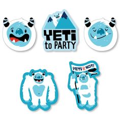 blue yeti party stickers and magnets on a white background with the words yeti to party