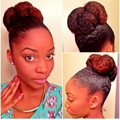 Love the color, the style and her natural hair texture. Natural Updo, Natural Hair Bun Styles, Hair Afro, Beautiful Natural Hair, High Bun, Natural Hair Updo