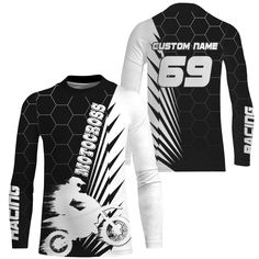 a black and white long sleeve shirt with the number 59 on it, featuring an image of a motorcyclist