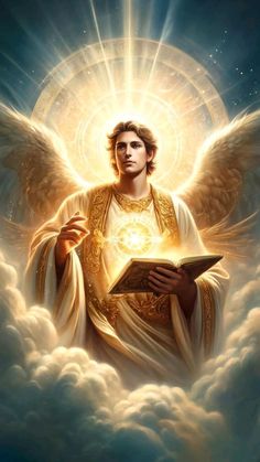 an angel holding a book in his hands with the sun shining above it and clouds surrounding him