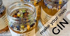 several jars filled with different types of food