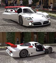 two pictures of a white sports car with red accents