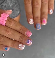 Designs For Super Short Nails, Mismatched Short Nails, Cute Short Nails Designs, Trendy Short Nail Designs, Short Nail Ideas, Cute Short Nails, Short Gel Nails