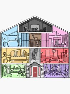 the inside of a house with all its rooms cut into four sections and labeled in different colors