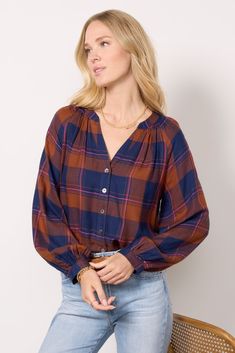 Step into fall with this stylish plaid top by EVEREVE. The Norah top features a relaxed button-front silhouette, gathered neckline, and long puff sleeves—perfect for pairing with your favorite denim and booties. | EVEREVE Women's Norah Plaid Top, Size XS, Brown Gathered Neckline, Plaid Top, Long Puff Sleeves, Plaid Tops, Puff Sleeves, Puff Sleeve, Top Blouse, Plaid, Top Outfits