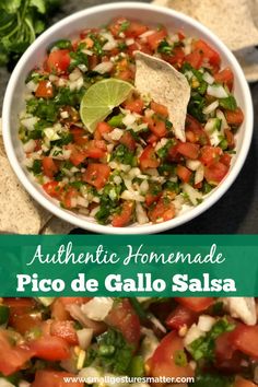 a white bowl filled with salsa next to tortilla chips and cilantro