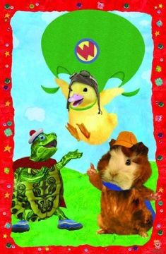 two small animals are sitting in front of a red and green background with an image of a duck, turtle, and bird