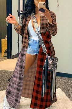 Coffee Long Flannel Shirt Outfit, Long Flannel Shirt, Flannel Shirt Outfit, Long Flannel, Casual Plaid Shirt, Shirt Collar Styles, Patchwork Shirt, Perfect Prom Dress, Casual Outerwear