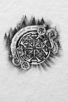 a drawing of a compass with trees in the background