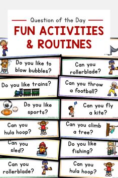 four different types of questions for children to use in the game, which includes two words and