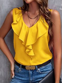 Bow Shorts, Yellow Blouse, Plain Tops, Elegant Dresses Long, Embroidered Shorts, Women Blouses, Neck Ruffle, Summer Wear, Pajamas Women