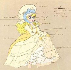 a drawing of a woman in a white dress and yellow hat with words on it