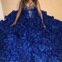 Message Me For Questions Royal Fitted Dress For Quinceanera, Blue Fitted Dress For Quinceanera, Royal Dresses For Debutante Ball, Blue Full Skirt Prom Dress, Blue Ruffled Skirt Dress For Prom, Blue Party Dress With Voluminous Skirt, Royal Blue Ruffled Dress For Wedding, Elegant Blue Dress With Ruffled Skirt, Blue Ruffled Dress For Debutante Ball