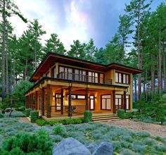 a small house in the woods surrounded by trees