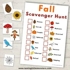 a fall scavenger hunt with pictures of leaves and mushrooms